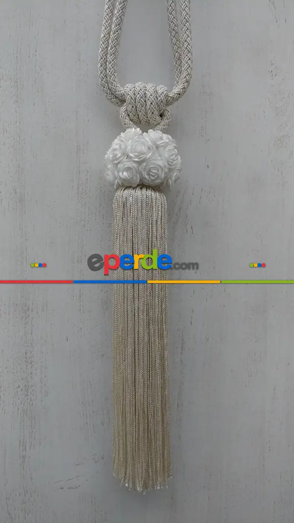Gül Desen Braçol Perde Bağı- Ekru