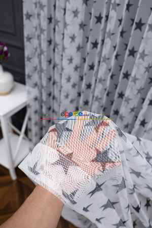 İndirimli Fiyat!! Petek Zemin Koyu Antrasit Renkli Sık Pileli Yıldız Desenli Grek Baskılı Tül Perde