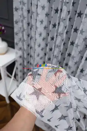 İndirimli Fiyat!! Petek Zemin Koyu Antrasit Renkli Sık Pileli Yıldız Desenli Grek Baskılı Tül Perde