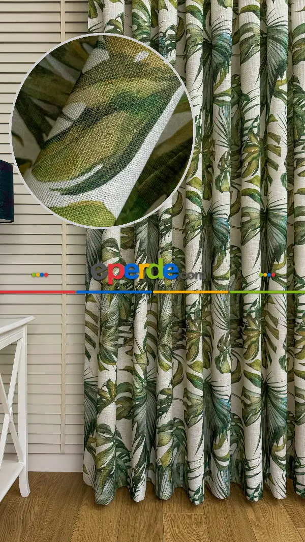 Bej Yeşil Tropikal Desenli Keten Fon Perde - Premium Kalite Serisi Ağır Gramajlı