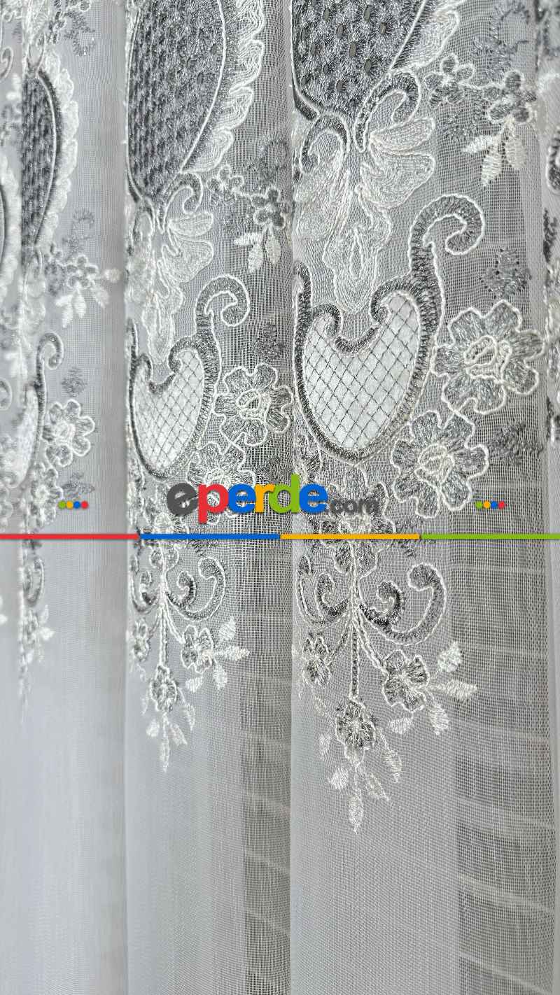 Ekru Gri Özel Dokuma, Özel İplik Brode İşlemeli Tül Perde - Ağır Gramajlı Premium Nakışlı