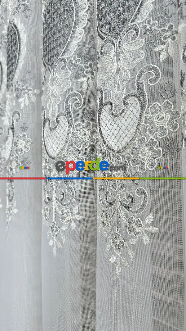 Ekru Gri Özel Dokuma, Özel İplik Brode İşlemeli Tül Perde - Ağır Gramajlı Premium Nakışlı