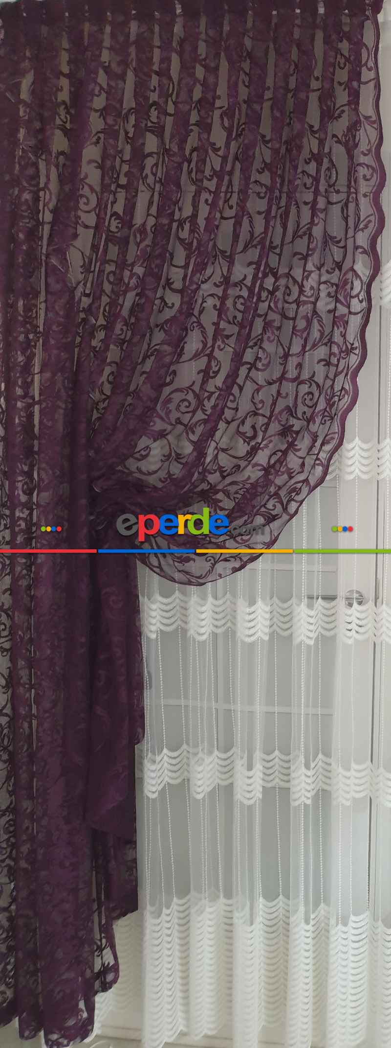 Salon - Tül Fon Mor Fon Perde- Mor 70cm X 270cm 