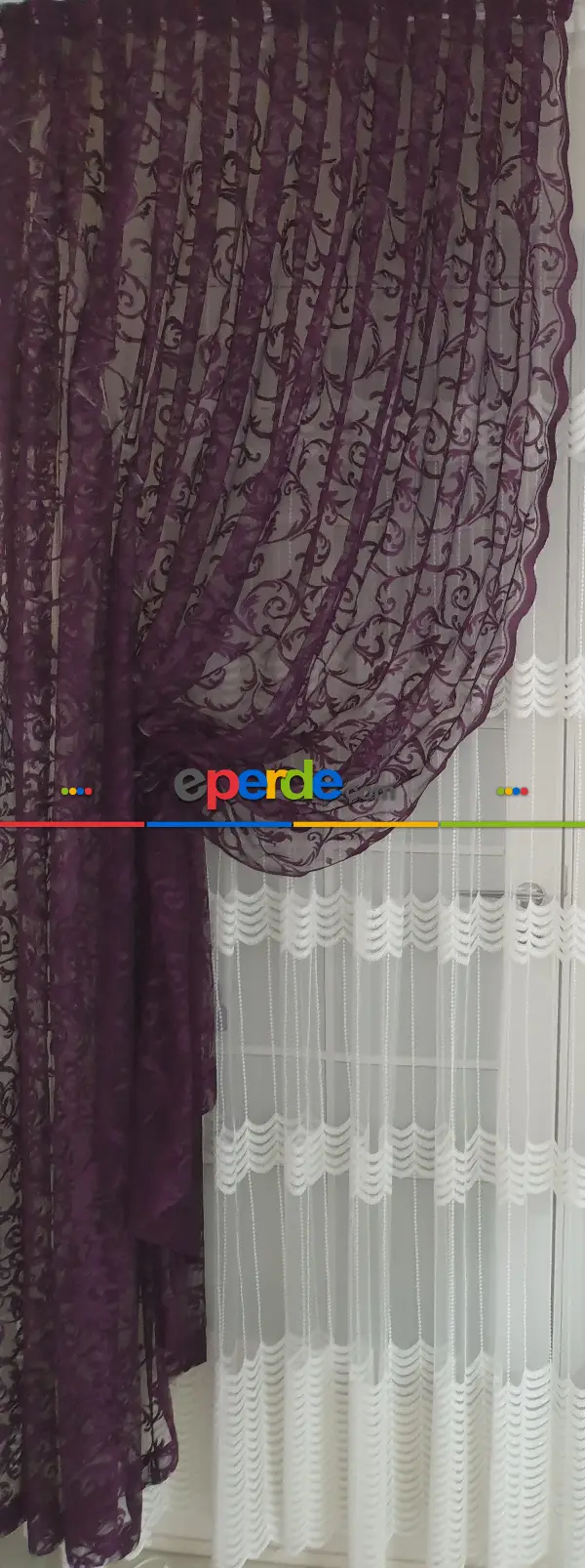 Salon - Tül Fon Mor Fon Perde- Mor 70cm X 270cm 
