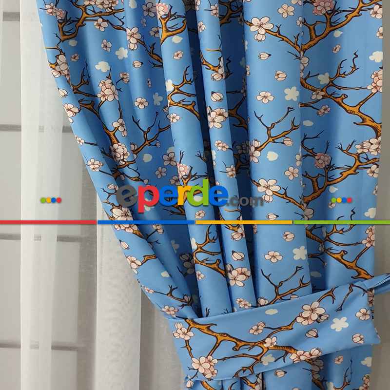 Çiçek Desenli Fon Perde Evm389 - Kumaşı Kalındır Duck Bezi Değildir.- Turkuaz-Kahve