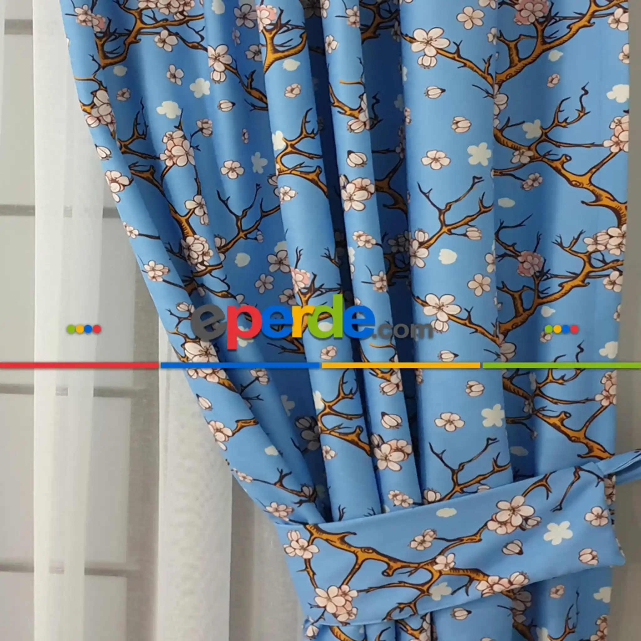 Çiçek Desenli Fon Perde Evm389 - Kumaşı Kalındır Duck Bezi Değildir.- Turkuaz-Kahve