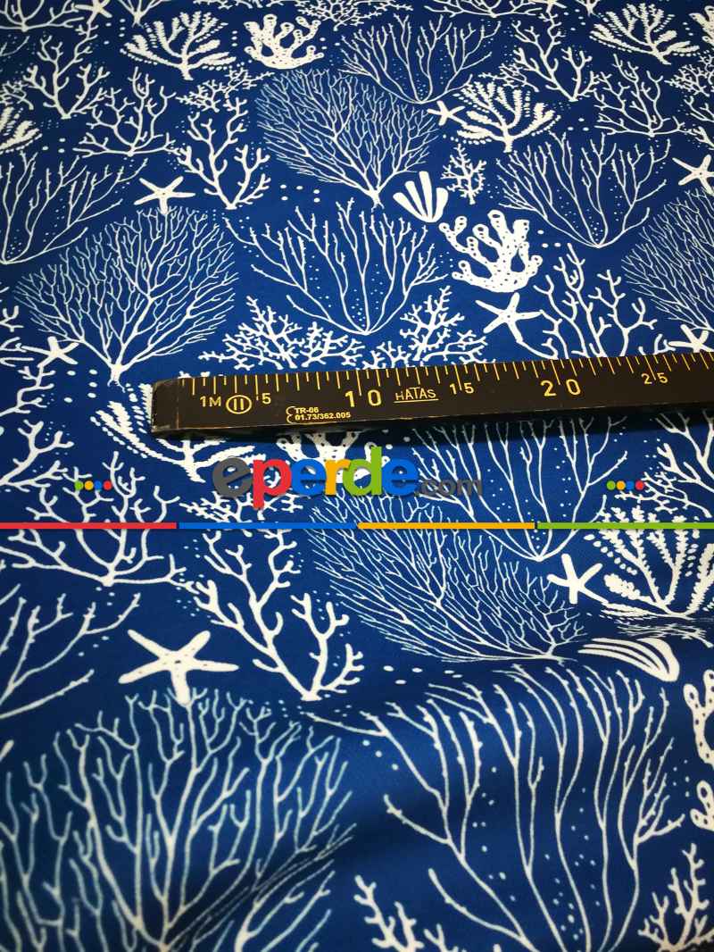 Mercan Marine Desenli Fon Perde Evm1078 Kumaşı Kalındır Duck Bezi Değildir- Beyaz