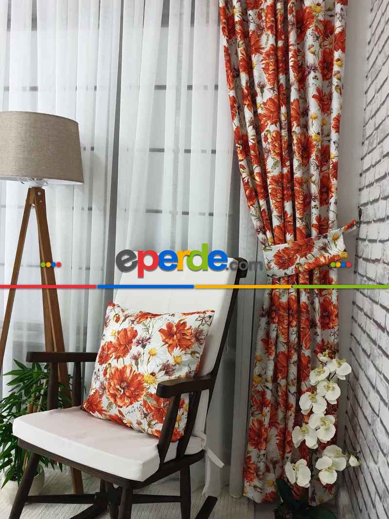 Turuncu Çiçek Desenli Fon Perde Evm645 Kumaşı Kalındır Duck Bezi Değildir- Sarı-beyaz-turuncu