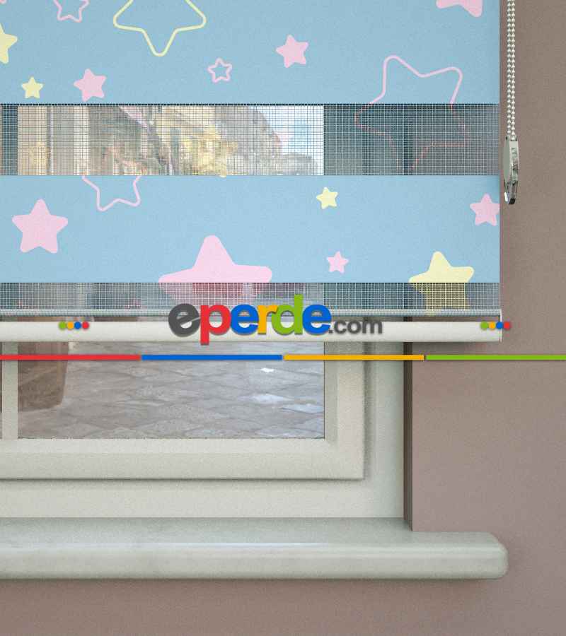 Yıldız Desenli Baskılı Zebra Perde- Çok Renkli