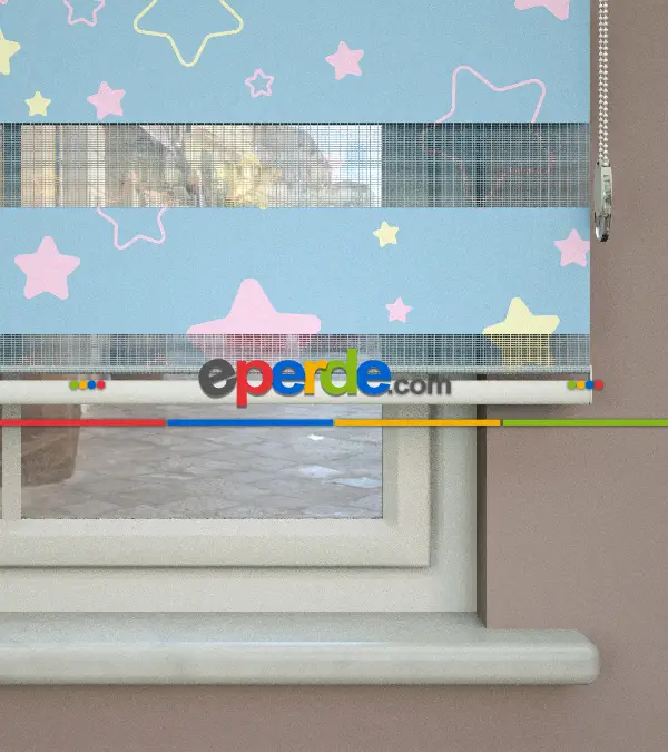 Yıldız Desenli Baskılı Zebra Perde- Çok Renkli