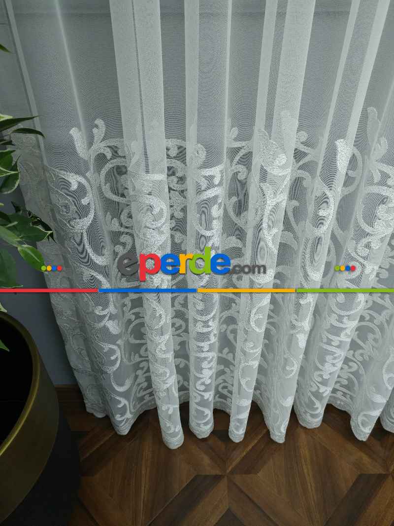 Eteği Duble Nakış İşlemeli Lüx Tül Perde Ikon 2021- Beyaz Buz Beyazı