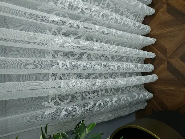 Salon Tül Perde - Eteği Duble Nakış İşlemeli Tül Perde Ikon 2021- Beyaz Buz Beyazı