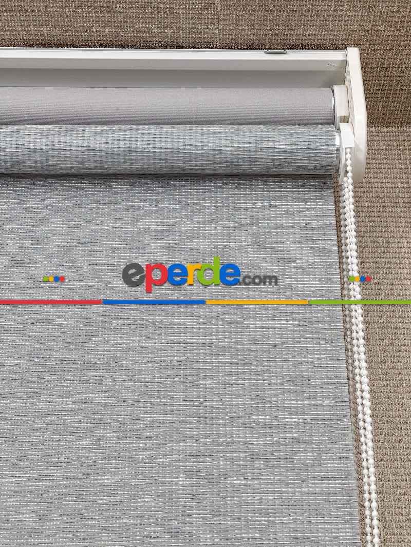 Açık Gri Çiftli Sistem Tül Stor Perde, Standart Metal Kasalı Yüksek Kalite Kornişe Kolay Montaj Seçenekli
