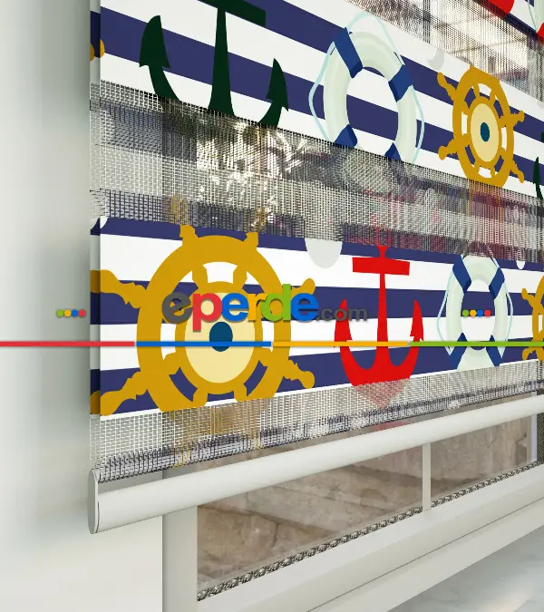 Bebek Odası Zebra Perde - Çapa Baskılı Zebra Perde- Mavi-Kırmızı-Beyaz-Hardal Sarısı