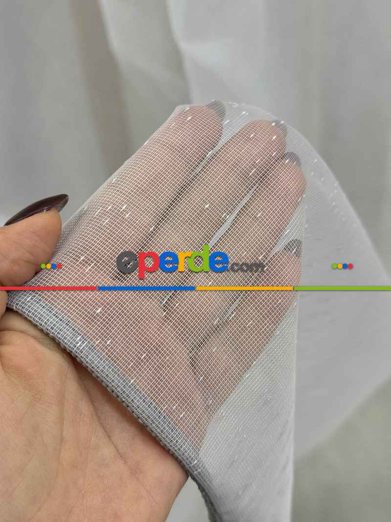 Gri Keten Noktalı Tül Perde, Premium Seri, Kurşunlu Tül