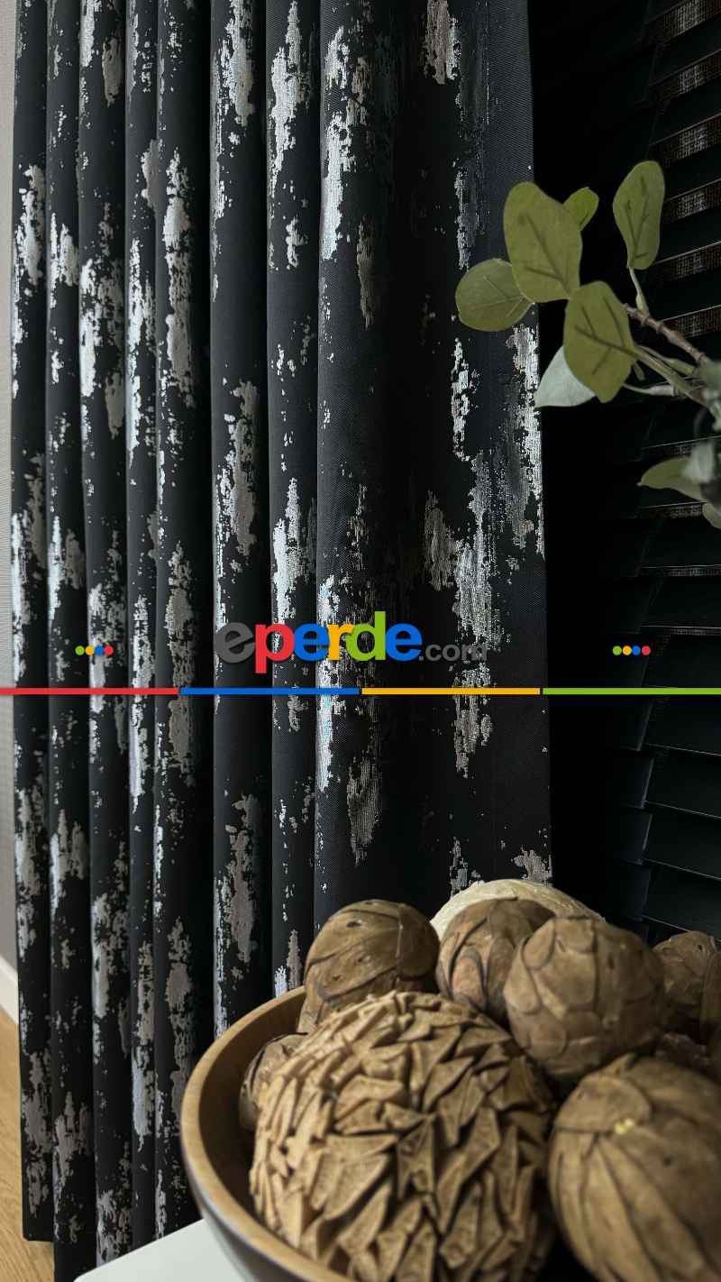 Qashe Marka Siyah Gümüş Fon Perde, Patine Desenli Jakar Dokuma Fon Perde - Ağır Gramajlı Premium Seri