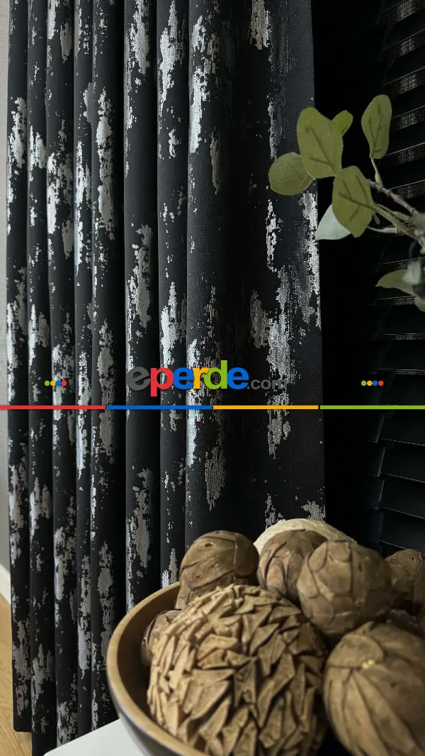 Qashe Marka Siyah Gümüş Fon Perde, Patine Desenli Jakar Dokuma Fon Perde - Ağır Gramajlı Premium Seri