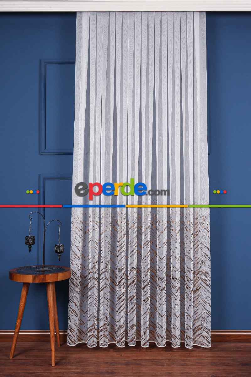 Salon Tül - Benekli Dijital Baskılı Tül Perde Ekru-gümüş