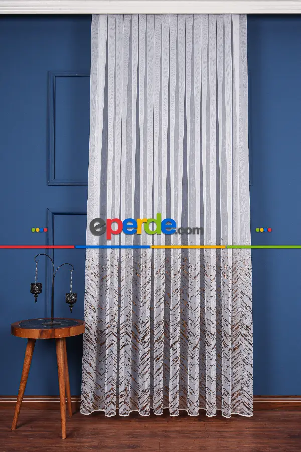 Salon Tül - Benekli Dijital Baskılı Tül Perde Ekru-gümüş