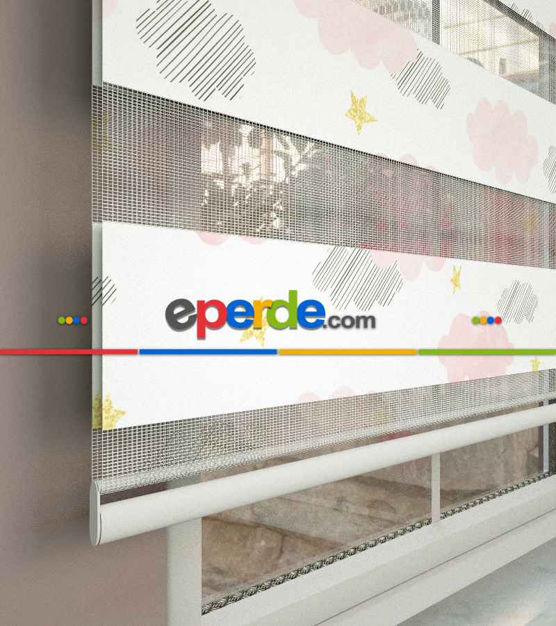 Bulut Desenli Baskılı Zebra Perde- Çok Renkli