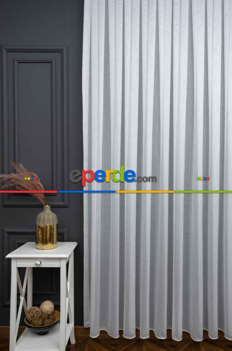 Gümüş Simli İnce Çizgili Gramajlı Dökümlü Kaliteli Tül Ekru