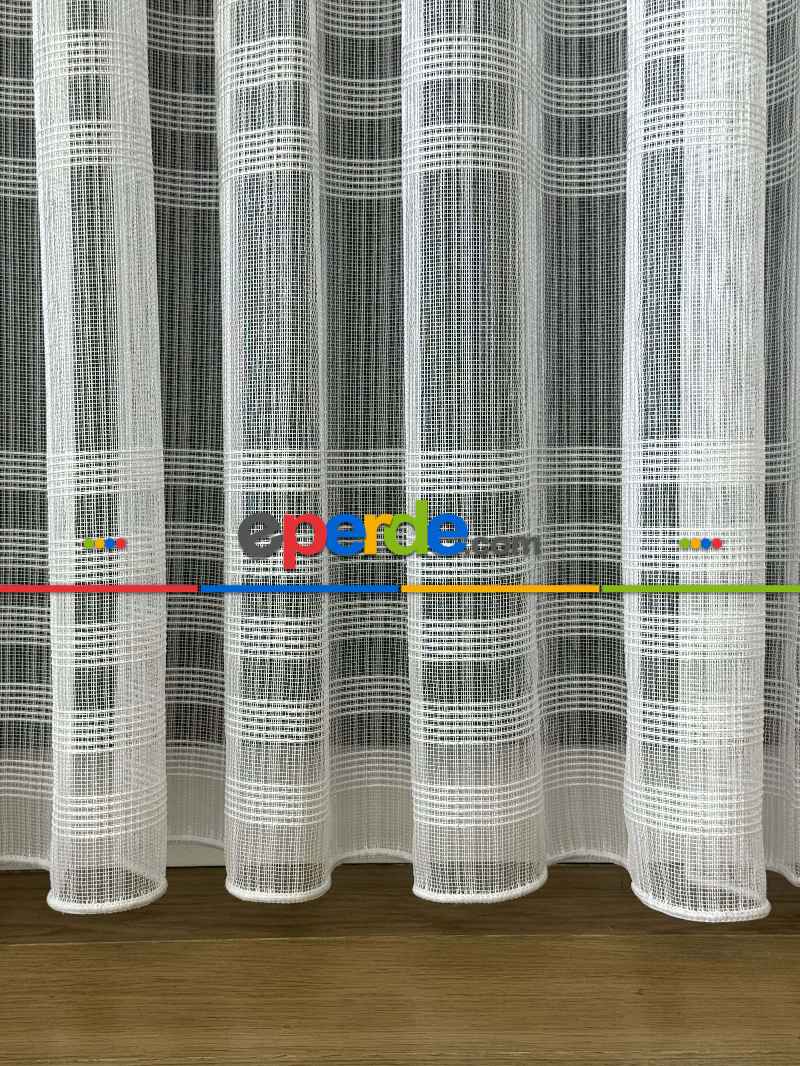 Zincir Çizgili Tül Perde Ekru Renk Kırık Beyaz- Ekru - Kurşunlu Tül