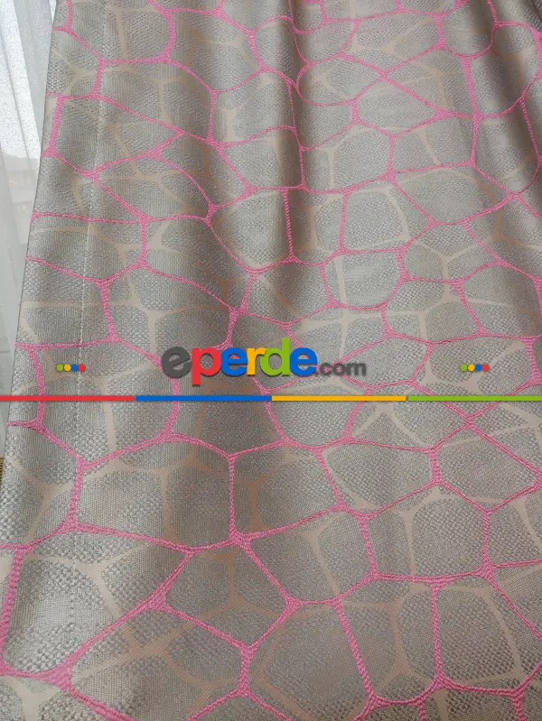 Bej Fuşya Desenli Jakar Fon Perde (285 En)- Fuşya