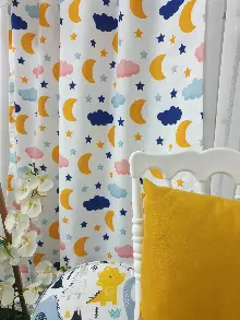 Erkek, Kız Çocuk ve Bebek Odası Fon Perde - Yıldız Ay Bulut Desenli - Lacivert Mavi Sarı Pembe