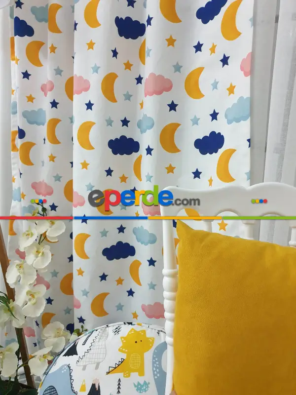 Aydede Bulut Desenli Fon Perde Evm8345 Kumaşı Kalındır Duck Bezi Değildir- Lacivert-beyaz-pembe