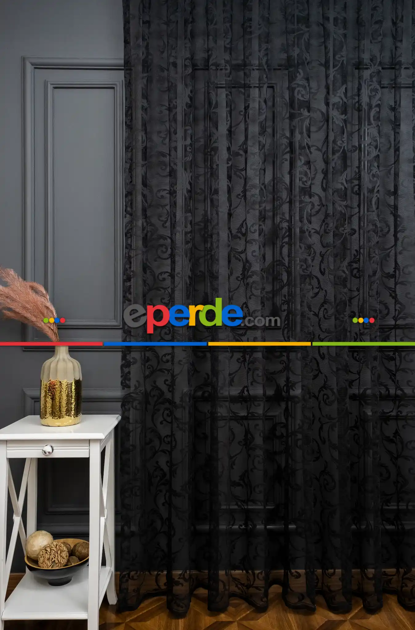 Sarmaşık Şal Desen Siyah Renk Desen Tasarım Tül Perde