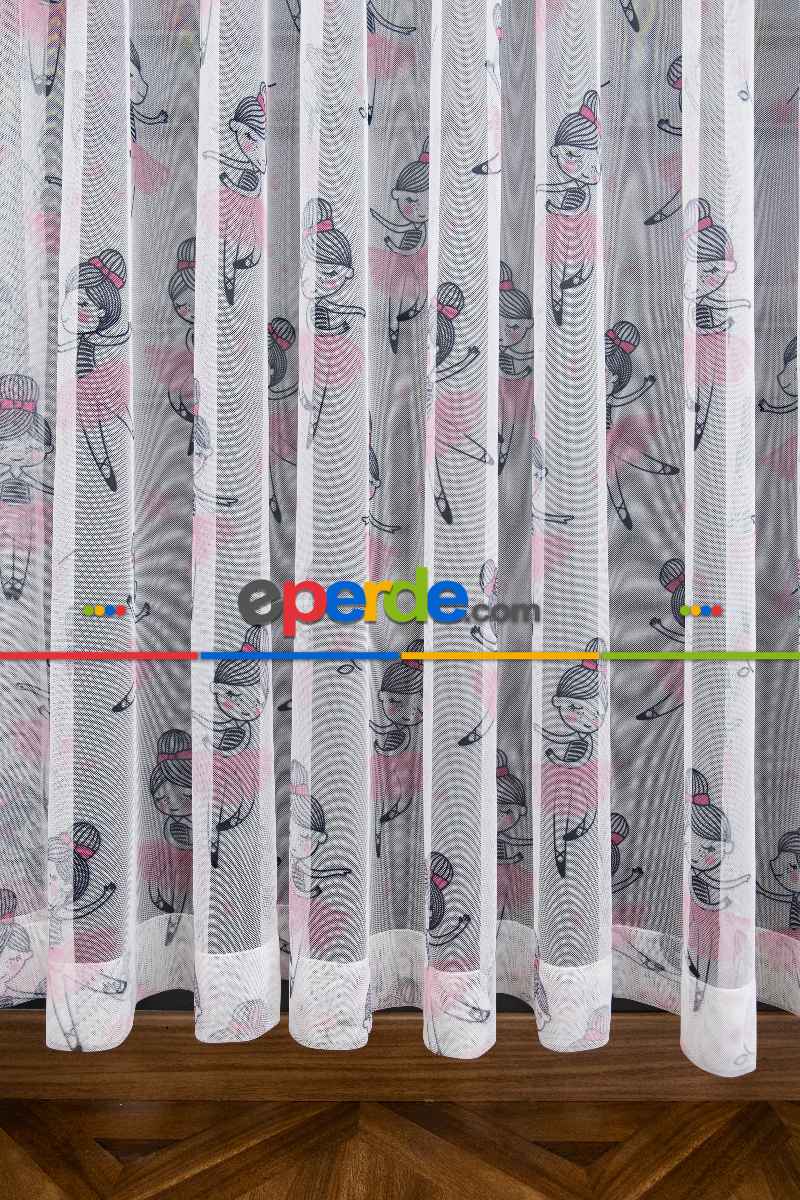 Kız Çocuk Odası Tül Perde - Petek Zemin Gri Pembe Renkli Balerin Kız Desenli Grek Baskılı Tül Perde