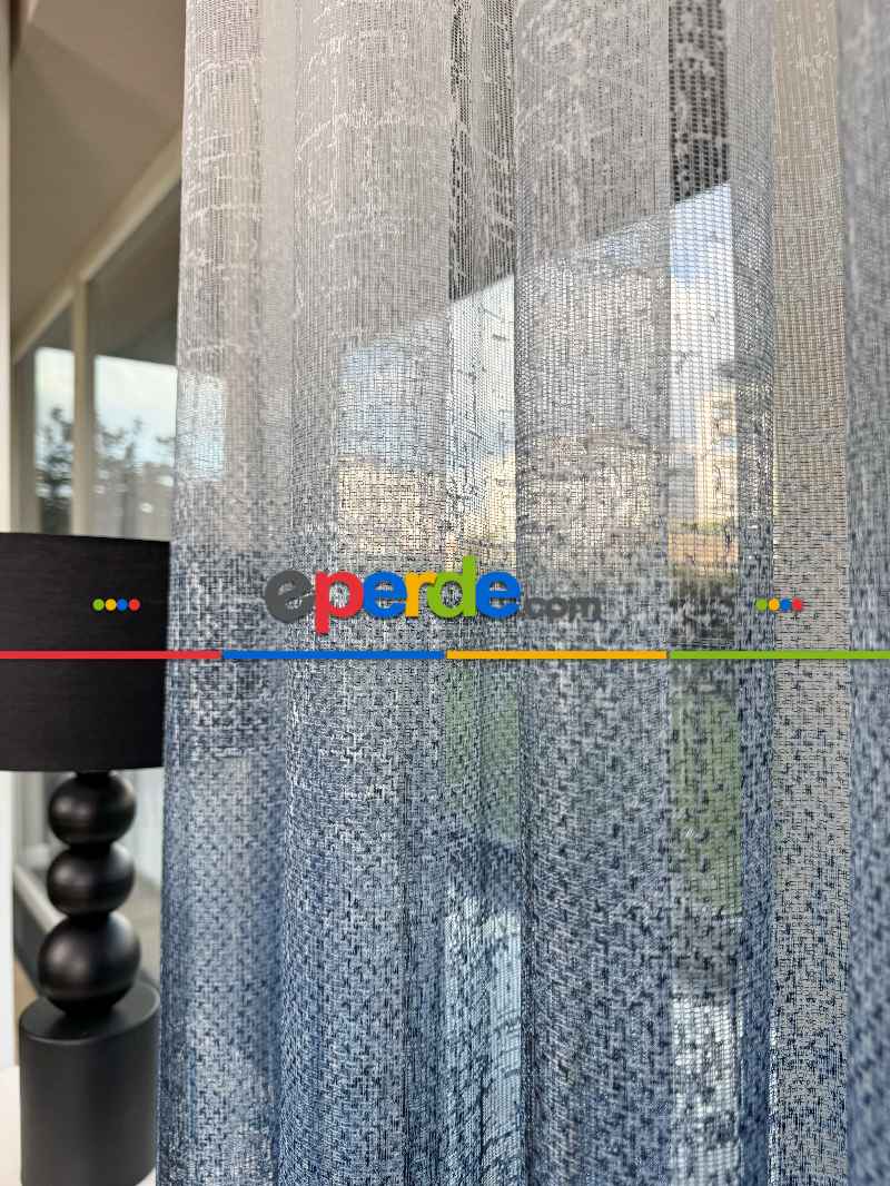 Mavi Degrade Geçişli Tül Perde, Fransız Örme Tül