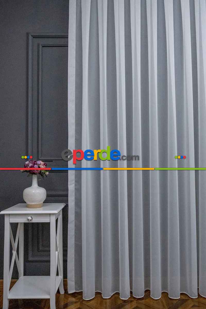 Salon - Crop Beyaz Sade Kar Beyaz Bembeyaz Sade Kırışmaz Ütü İstemez Tül Perde