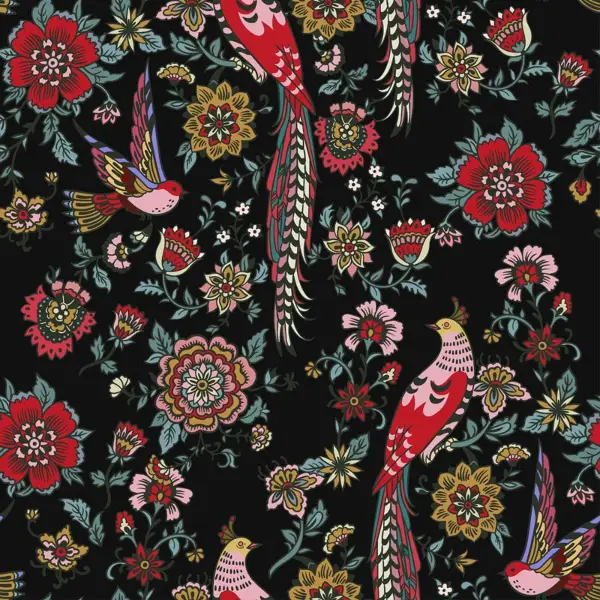 Kuş Ve Çiçek Desenli Fon Perde Evm804 Kumaşı Kalındır Duck Bezi Değildir- Siyah-Bordo- Çok Renkli 3