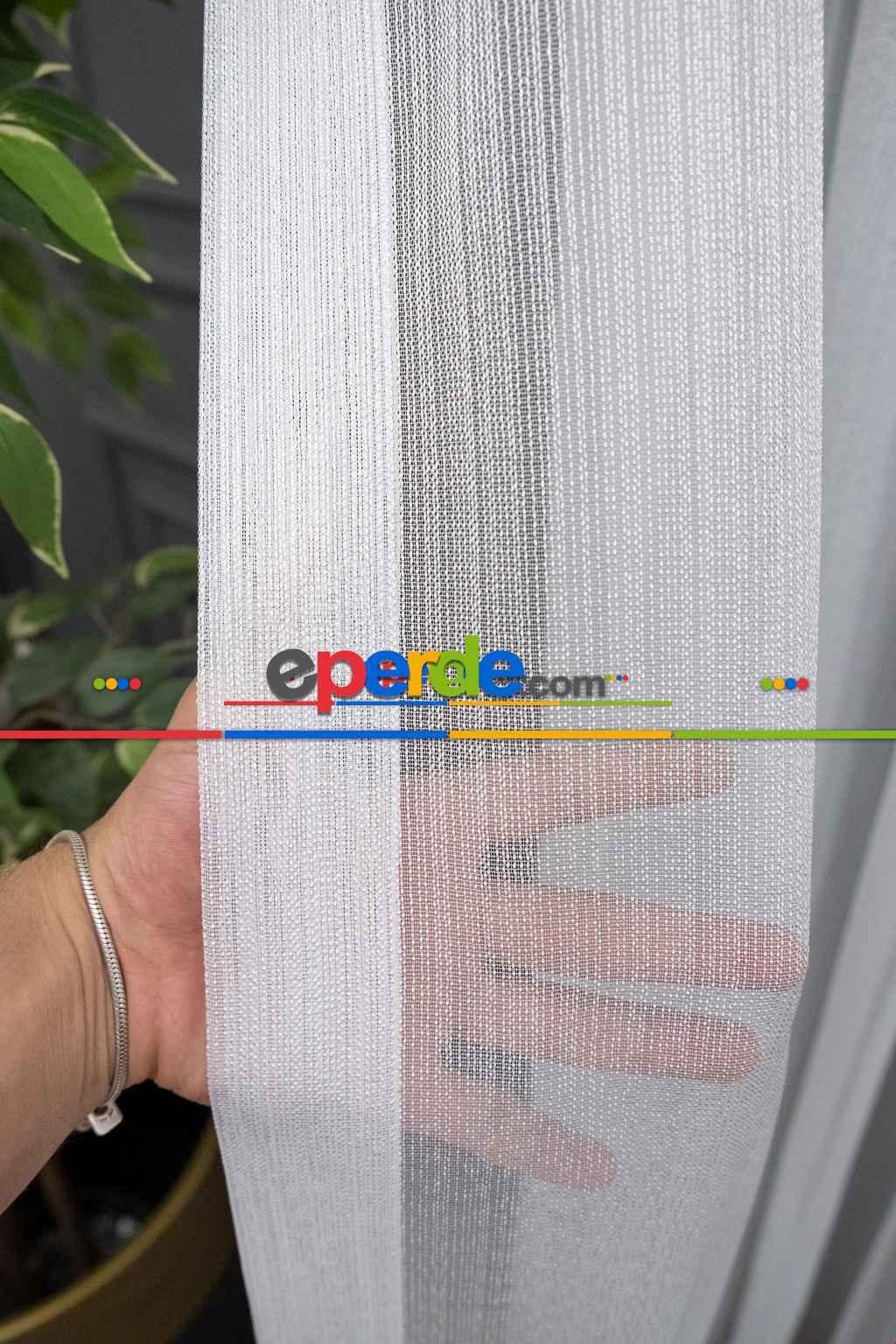 Salon - Ekru Kırık Beyaz Çızgili Tül Perde - Yüksek Kalite Sugar - Kurşunlu Tül