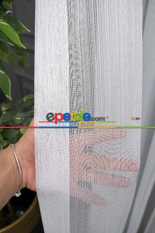 Salon - Ekru Kırık Beyaz Çızgili Tül Perde - Yüksek Kalite Sugar - Kurşunlu Tül