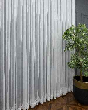 Grek Zemin Üzerine Eteği Kabartma Nakış İşlemeli Tül Perde Ekru