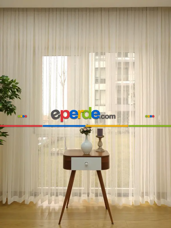 Ekru Renk Şantuk Keten Örme Tül Perde ( Etek Katlamalı )- Ekru