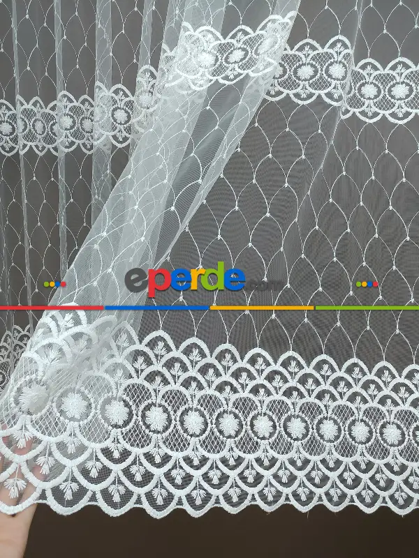 Brode İşlemeli Nakışlı Tül Perde (280)- Ekru