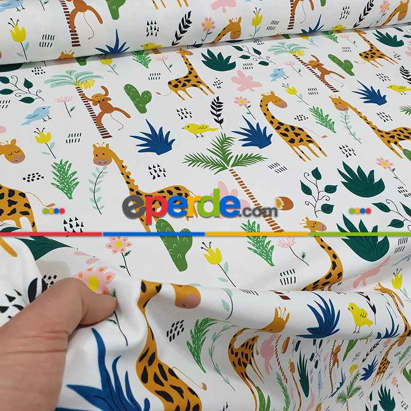 Zürafa Ve Maymun Desenli Fon Perde Evm1088-3 Kumaşı Kalındır Duck Bezi Değildir- Siyah