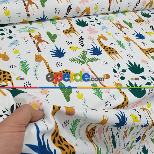 Bebek Odası Fon - Zürafa Ve Maymun Desenli Fon Perde Evm1088-3 Kumaşı Kalındır Duck Bezi Değildir- Siyah