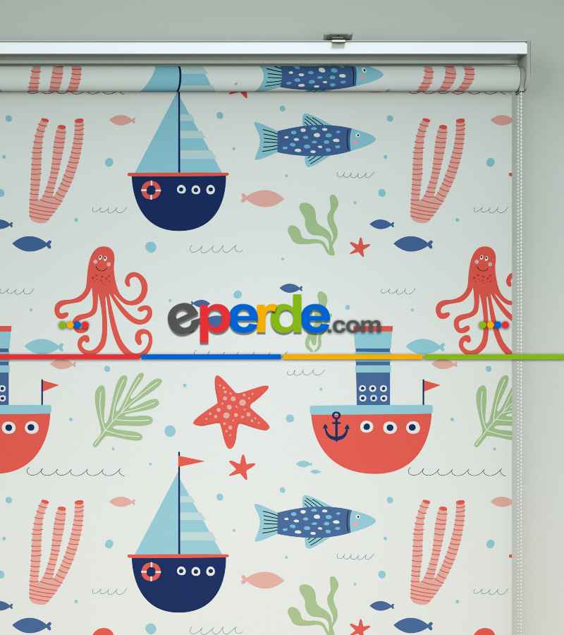 Çocuk Odası Stor Perde - Denizci Desenli Baskılı Stor Perde- Çok Renkli
