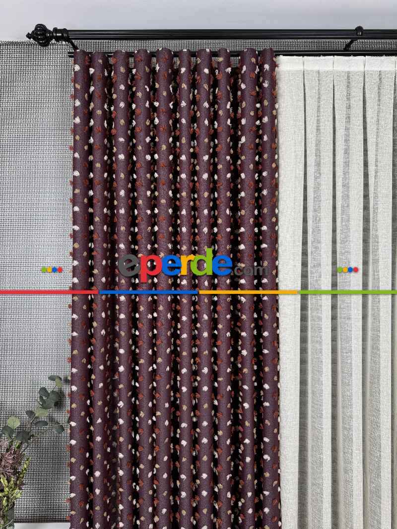 Oturma Odası - Bordo Ponponlu Jakar Dokuma, Premium Kalite Serisi Fon Perde