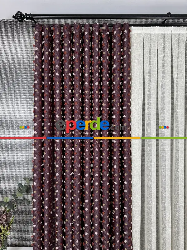 Yatak Odası - Bordo Ponponlu Jakar Dokuma, Premium Kalite Serisi Fon Perde