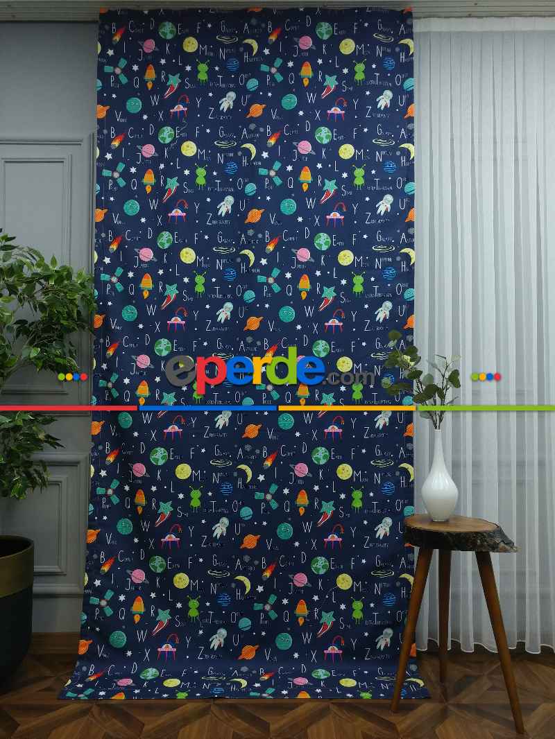 Uzay Desenli Fon Perde Evm833 Kumaşı Kalındır Duck Bezi Değildir- Mavi-Beyaz-Pembe Koyu