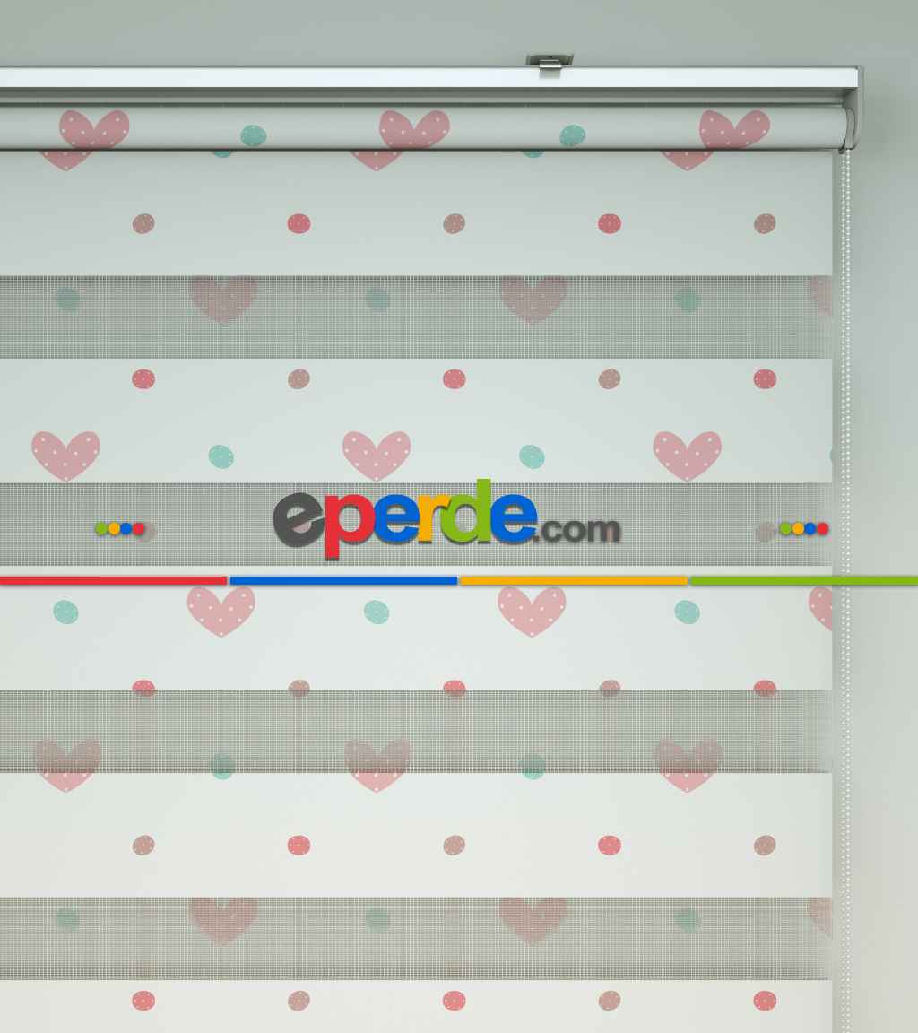 Kalp Desenli Baskılı Zebra Perde- Çok Renkli