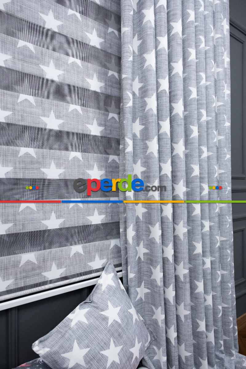 Kız ve Erkek Çocuk Odası Fon Perde - Gri Beyaz