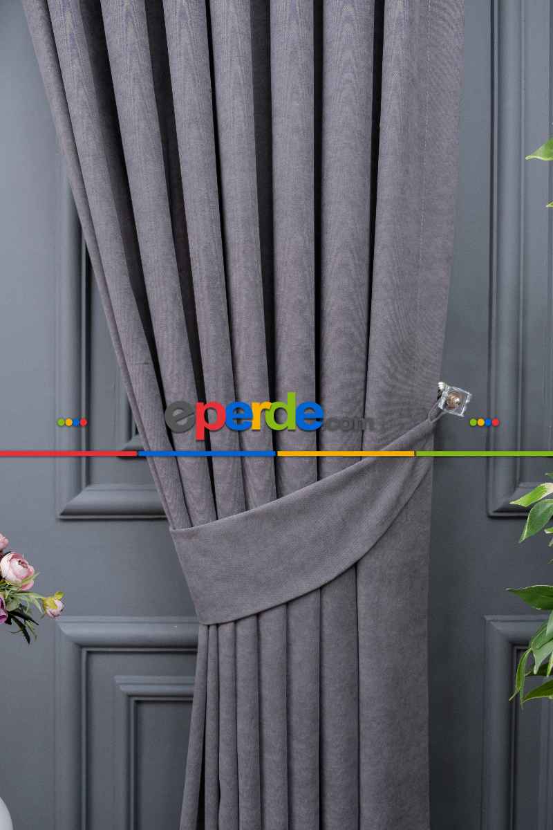 Salon - Koyu Gri Düz Fon Perde Dökümlü Fon Perde