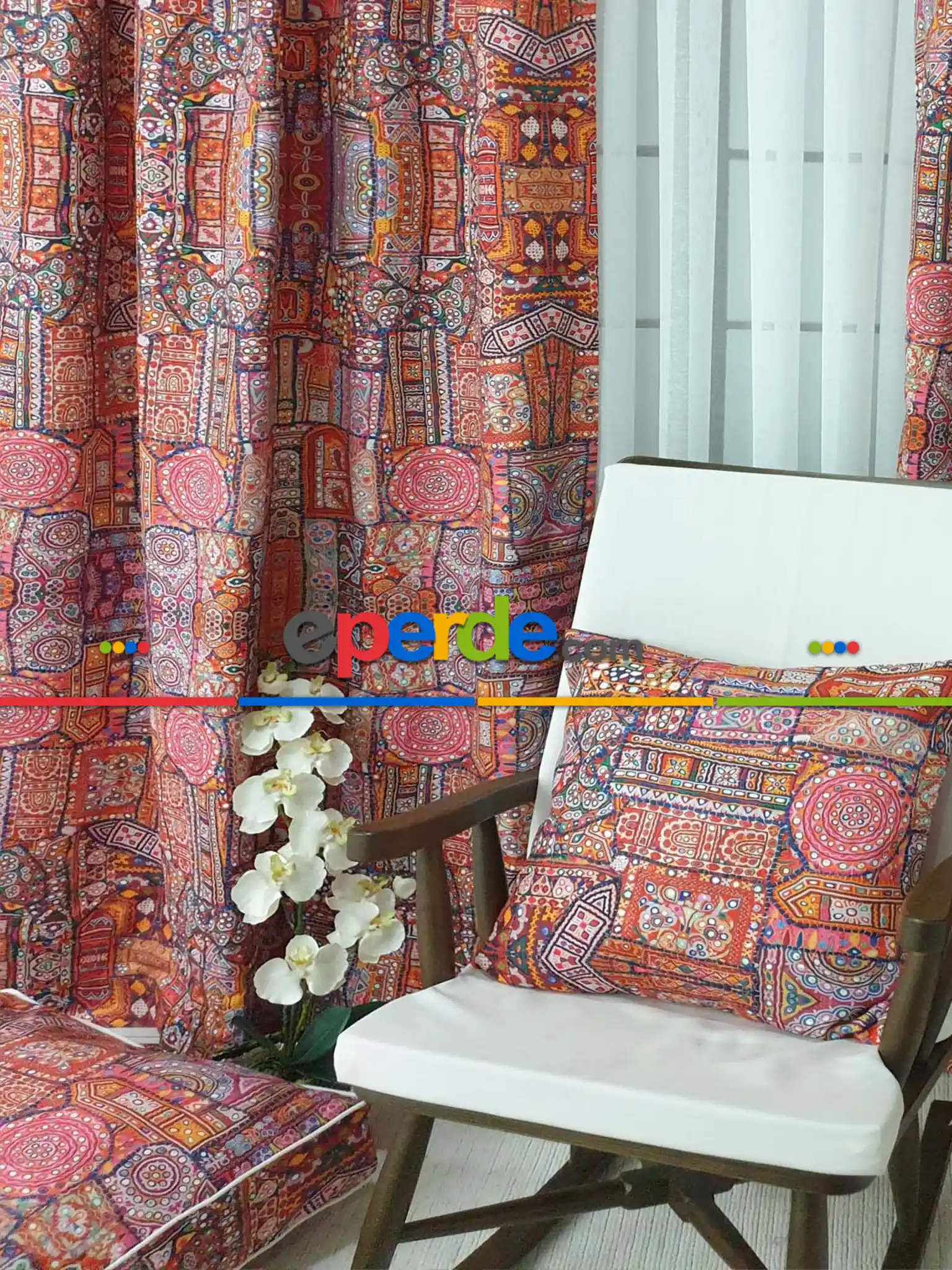 Hint El İşlemesi Desenli Baskılı Fon Perde - Kampanyalı Kaliteli Ürün- Turuncu- Çok Renkli 3