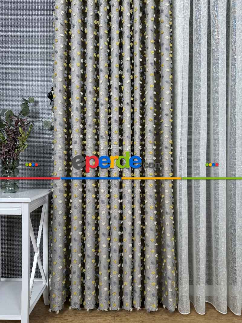 Açık Antrasit Krem Ve Sarı Ponponlu Jakar Dokuma, Premium Kalite Serisi Fon Perde